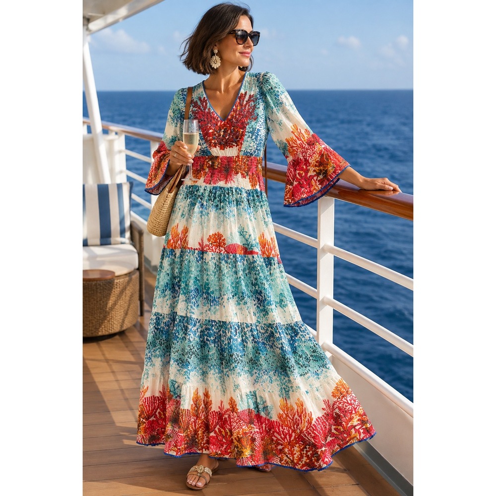 Bognar Blu Maxi Dress Sz S/M Tropical Resortwear Vacation Cruise Travel